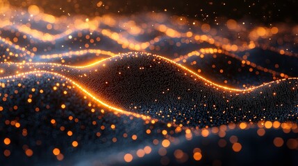 Fototapete - Abstract representation of shimmering waves with glowing particles creating a mesmerizing visual effect in a dark background, ideal for technology and digital themes