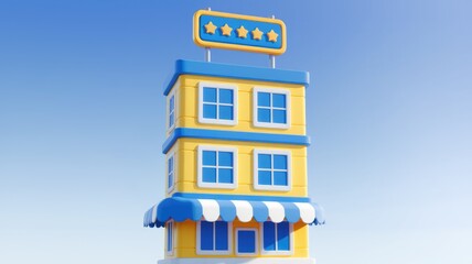 Poster - A cartoon-style yellow building with blue accents, displaying a five-star rating.