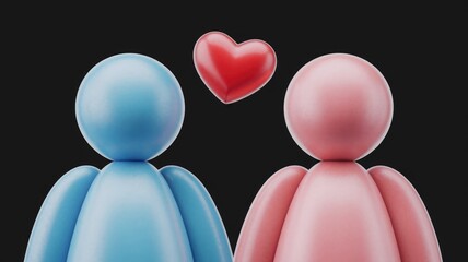 Fototapete - Two abstract figures, a blue and pink, with a red heart symbolizing love and togetherness.