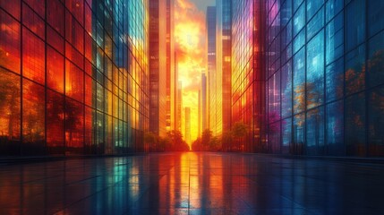 Poster - Vibrant cityscape at sunset reflecting colorful skyscrapers.