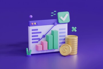 Aufkleber - 3D illustration of rising bar graph with coins, symbolizing successful financial growth and online business progress.