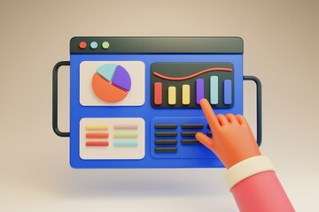 Aufkleber - A 3D illustration of a hand interacting with a data dashboard showing charts and graphs, representing data analysis and visualization.