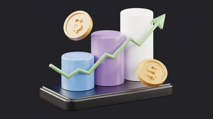 Aufkleber - 3D rendering of upward trending bar graph with dollar coins, signifying financial growth and investment success.