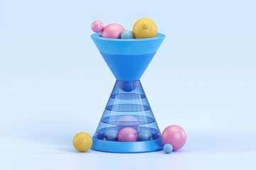 Poster - Colorful balls in a blue hourglass-shaped container against a light blue background.