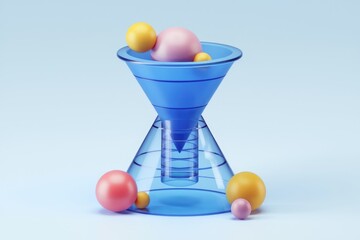 Aufkleber - Abstract 3D rendering of a blue funnel with colorful spheres representing a data filtering or sales funnel concept.