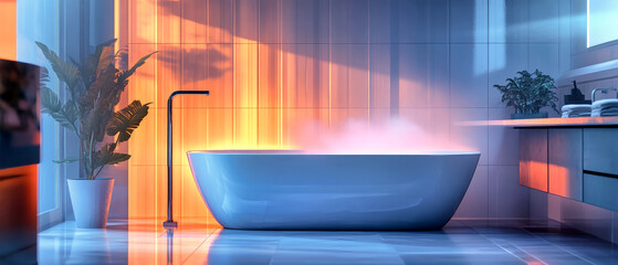 Wall Mural - Modern bathroom oasis featuring a glass bathtub with fog effect and sleek design elements in a serene and inviting atmosphere