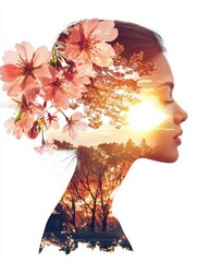 Aufkleber - Double Exposure Image of  Artistic sunrise portrait nature landscape digital art tranquil environment profile view