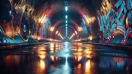 Aufkleber - A dynamic urban tunnel at night, its walls vibrantly decorated with graffiti art. The tunnel is illuminated by futuristic streetlights that cast defined, long shadows on the road.