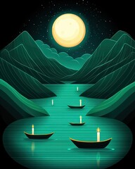 Poster - Candlelit boats on serene water under full moon mountain landscape digital art
