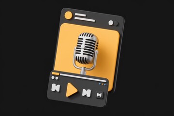 Poster - 3D render of a retro microphone on a phone screen with media player controls, symbolizing podcasting or audio content.