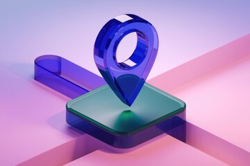 Leinwandbilder - A 3D rendered image of a vibrant blue glass location pin on a teal and pink platform.