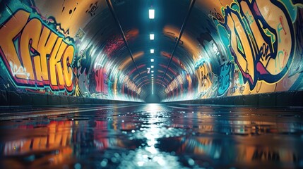 Poster - A dynamic urban tunnel at night, its walls vibrantly decorated with graffiti art. The tunnel is illuminated by futuristic streetlights that cast defined, long shadows on the road.