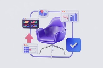 Poster - Purple chair surrounded by digital interfaces symbolizing productivity and task management.