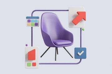 Poster - Purple chair surrounded by colorful 3D interface icons, symbolizing productivity and design.