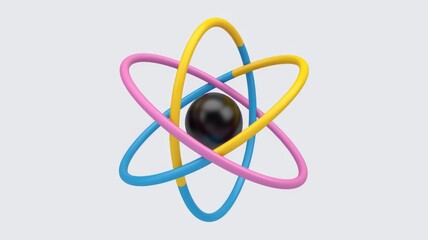 Poster - a stylized atom model with a black nucleus and three orbiting electrons in pink, yellow, and blue.