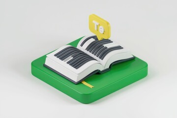 Fototapete - 3D illustration of an open book with a speech bubble showing the letter 'Te', suggesting language learning or reading.