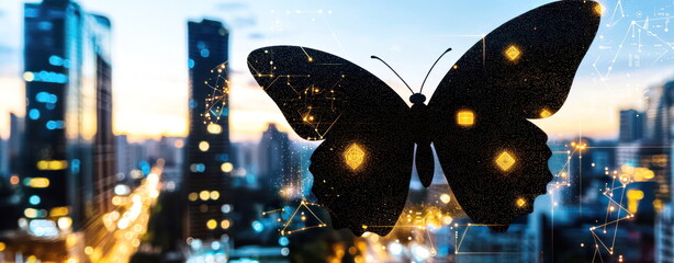 Poster - Urban butterfly transformationiconic city skyline at dusk digital art concept Blur Background 