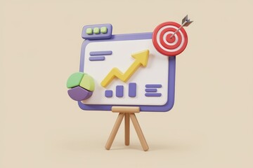 Leinwandbilder - 3D illustration of a whiteboard displaying upward trending graph, pie chart, and target, symbolizing business growth and achievement.