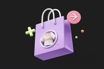 Poster - Purple shopping bag with a T-shirt inside, indicating online clothes shopping.