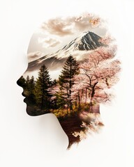 Aufkleber - Nature-inspired portraitsmountain and cherry blossom landscape in profile view