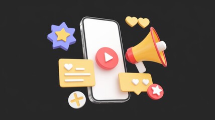 Poster - Mobile phone promoting video content with positive feedback, likes, and a megaphone.