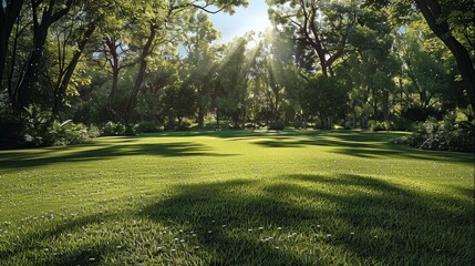 Poster - Park grass scenery. green grass field in big city park