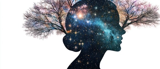 Poster - Surreal double exposure image of Exploring feminine identity in a starry universe a cosmic digital art journey