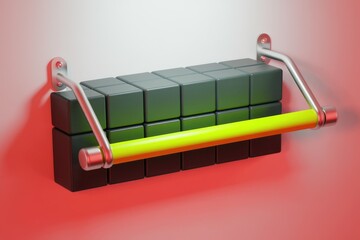 Poster - A minimalist 3D render of a wall-mounted shelf made of dark green cubes with a bright yellow bar.