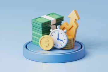 Poster - 3D rendering of money, coins, stopwatch, and upward arrows, symbolizing financial growth and time.