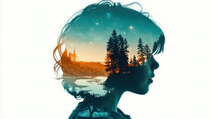 Aufkleber - Childhood dreamsa boy's profile with nature landscape creative art silhouette imagination