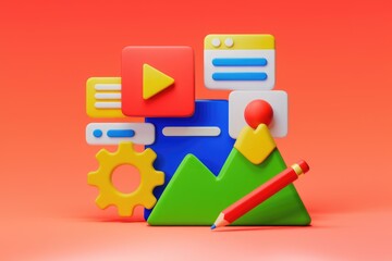 Poster - 3D illustration of colorful app icons representing content creation, video, web design, and data analysis.