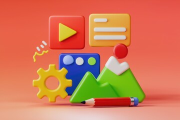 Aufkleber - Colorful 3D icons representing content creation, design, and development processes.