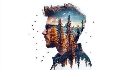 Poster - Creative Double Exposure of Nature-inspired portrait of a person in forest digital art serene environment profile view
