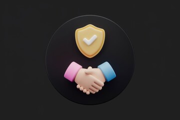 Poster - A 3D render of two hands shaking with a shield and checkmark above, symbolizing secure partnership.