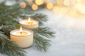 Poster - Warm Glow of Solstice Candles on Evergreen Branches in Winter