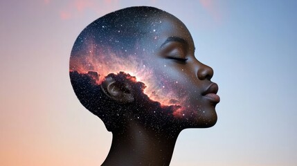 Aufkleber - The double exposure of Cosmic dreamscape ethereal woman's celestial portrait in digital art