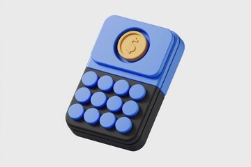 Poster - A 3D render of a blue and black calculator with a gold dollar coin on top, symbolizing financial calculations.