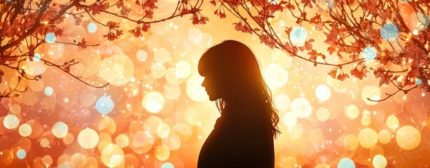 Poster - Silhouette of a woman surrounded by blossoms dreamy atmosphere autumn glow Blur Background  