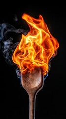 Poster - Flaming wooden spoon igniting culinary passion in a dark kitchen setting