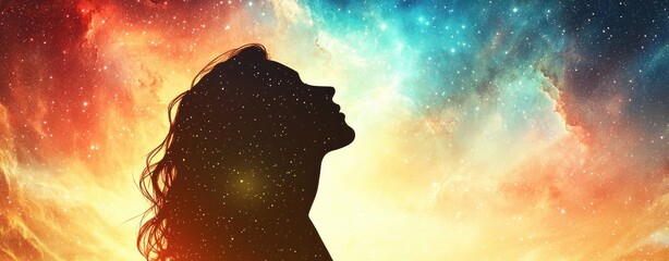 Aufkleber - Celestial reflection of a woman's profile in a cosmic landscape abstract art digital view