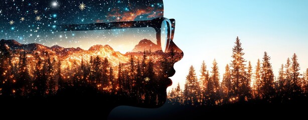 Aufkleber - Double Exposure Image of  Silhouette portrait against a starry landscape inspiring creative digital art
