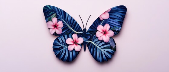 Poster - Butterfly art installation with tropical flowers indoor studio digital artwork conceptual