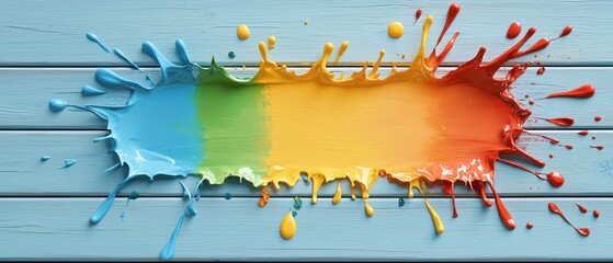 Poster - Colorful paint splashing action on wooden plank surface artistic expression close-up