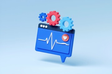Fototapete - 3D rendering of a blue digital health interface with a heart rate monitor and gears, symbolizing healthcare technology and process.