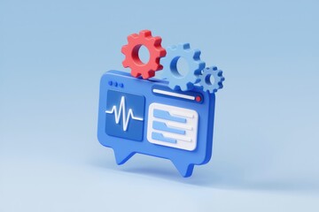Poster - 3D render of a blue speech bubble with health data and gear icons, representing digital health technology.