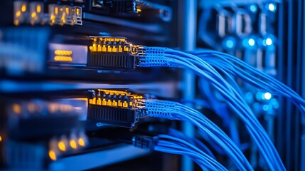 Aufkleber - Modern data center with Blue Server Rack Cable Network for Future digital infrastructure technology concept.