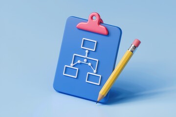 Poster - A blue clipboard with a hierarchical chart sketched on it, accompanied by a yellow pencil.