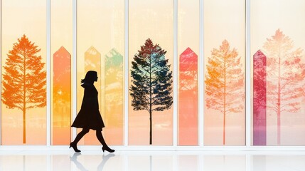 Poster - The silhouette of Woman walking silhouetted against colorful tree murals in modern space serene environment