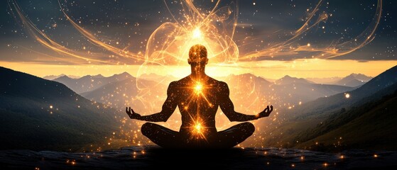 Poster - The silhouette of Meditative energy healing mountain range digital art sunset rear view spirituality