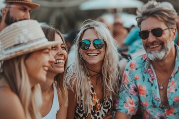 Group of friends having fun at summer music festival. Group of people having fun together.